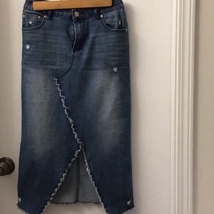 Distressed Denim midi skirt